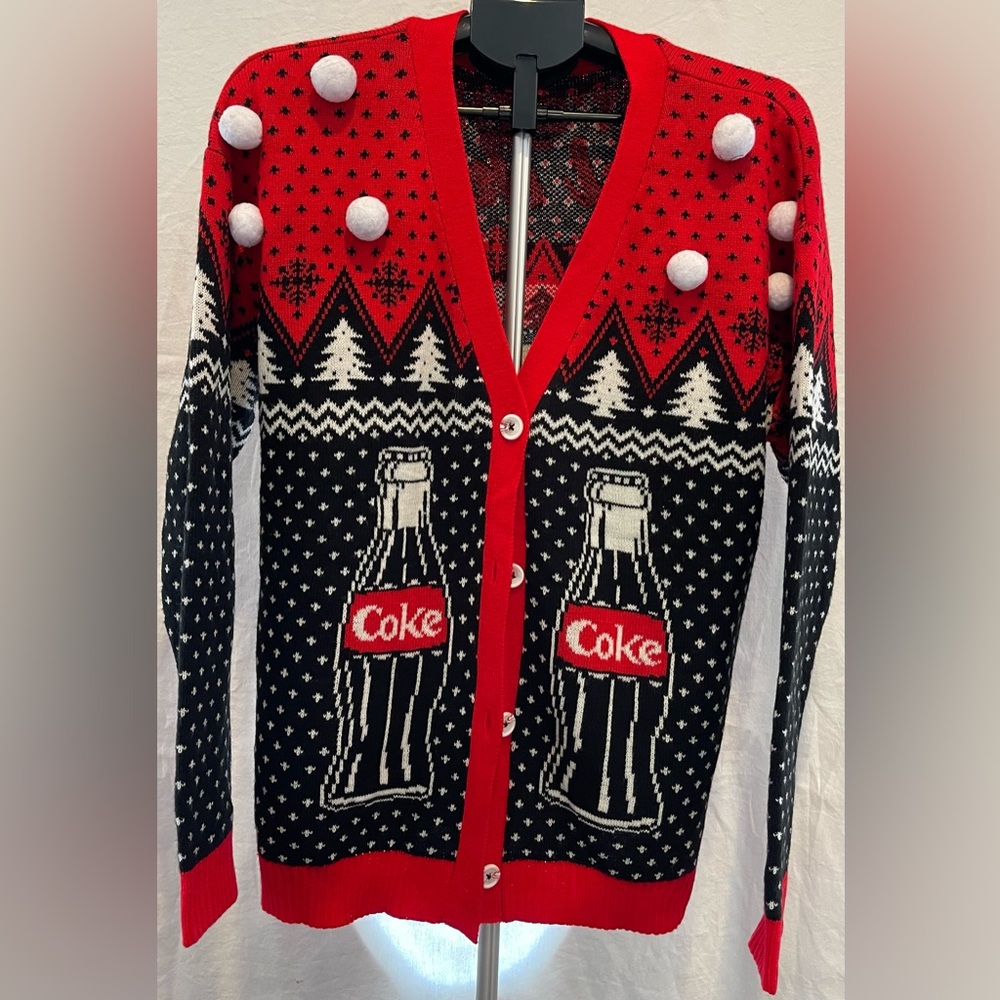 Coca Cola Ugly Xmas Cardigan/Sweater W/Polar Bear & Pom Pom Red & Black S/M